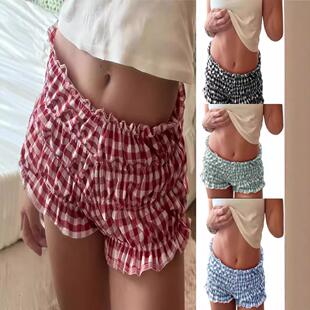 Womens Red Plaid Ruffled Shorts - Elastic High-Waisted