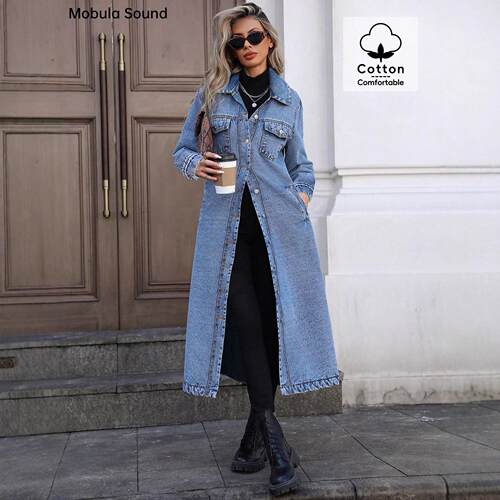 BIGWIG Women's Long Denim Jacket Spring/Autumn Outerwear