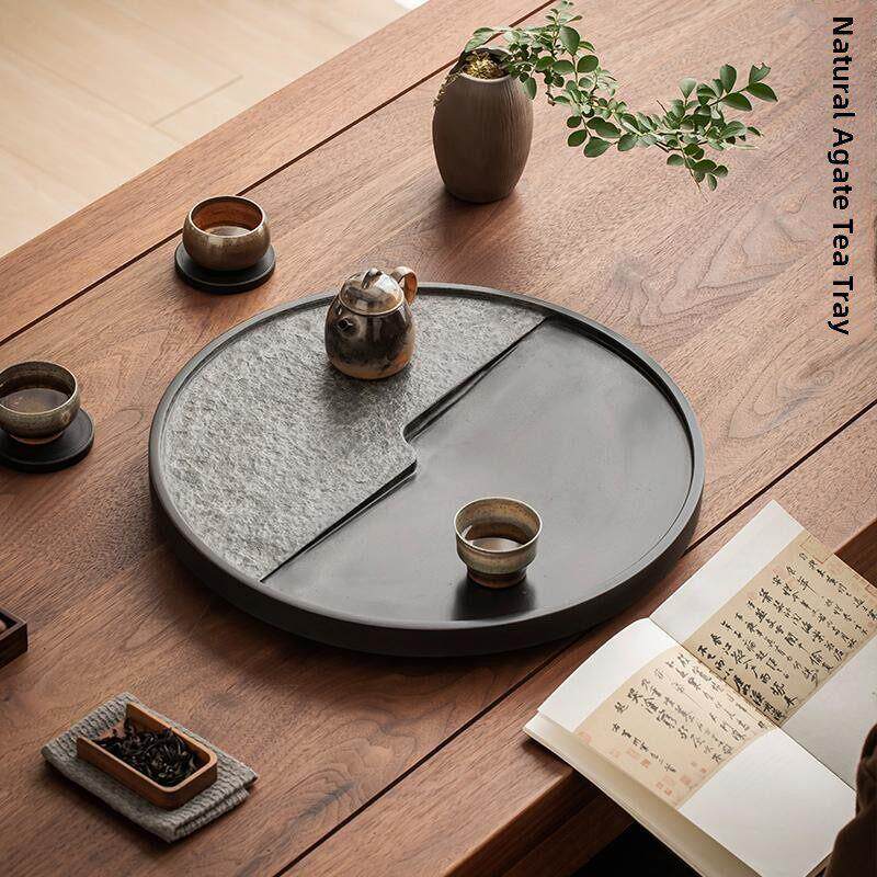 天然整块乌金石茶盘石头圆形小茶台办公家用排水功夫茶具简约托盘
