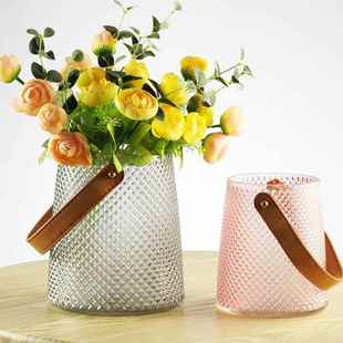 北欧轻奢欧式花瓶软装 鲜花干花插瓶花容器摆件 皮带手拎玻璃瓶
