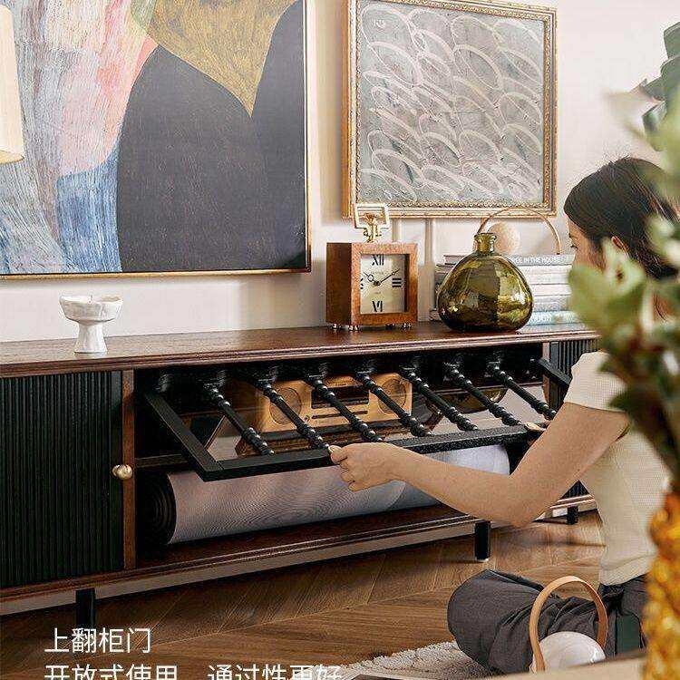 法木式37实式复古茶几电视柜黑色美小户纳型客厅落地储物柜古风收