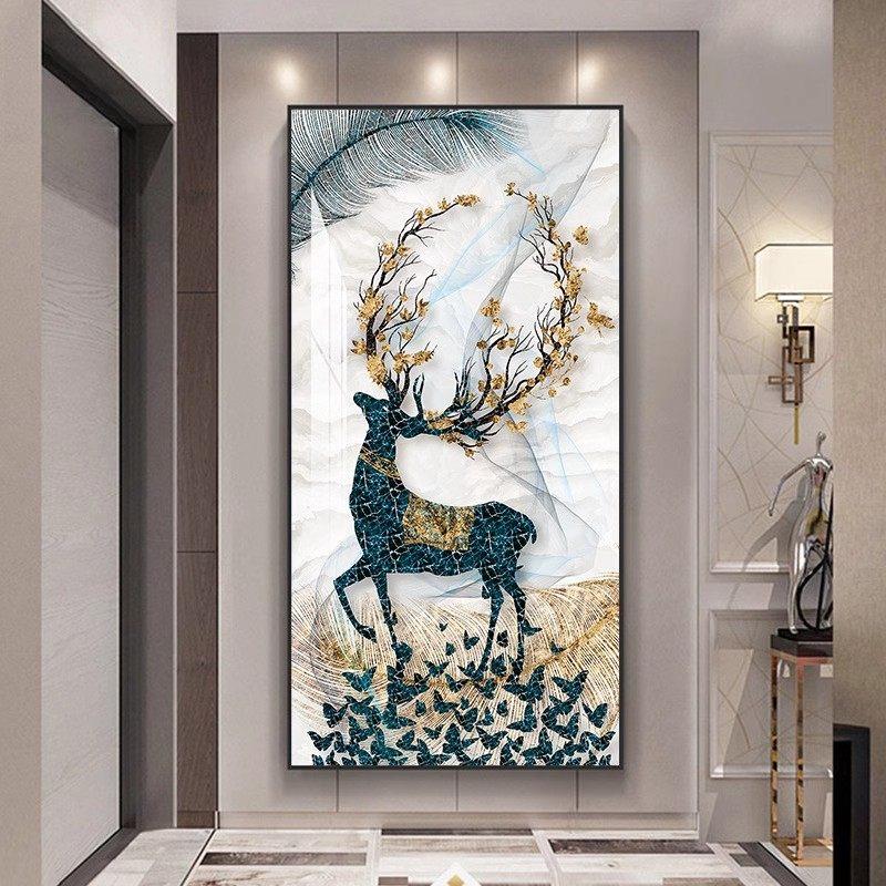 金鹿入户玄关装饰画镶钻晶瓷画北欧现代简约走廊过道轻奢高端挂画