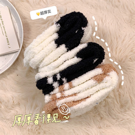 卡通熊猫袜子女中筒袜秋冬保暖小熊珊瑚绒日系，透气毛绒地板睡眠袜