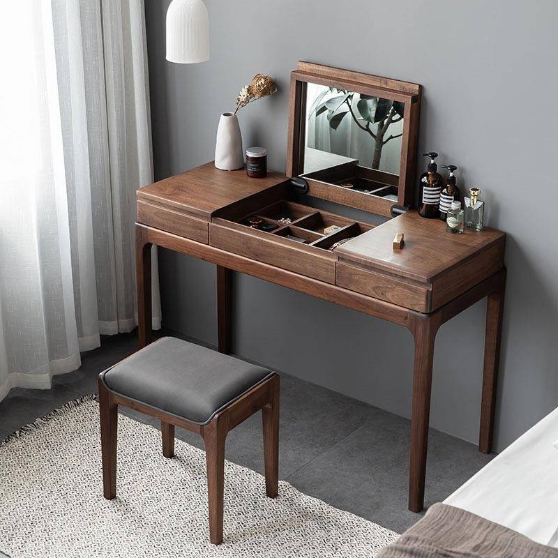 北美黑胡桃木全实木梳妆台电脑桌一体桌环保多功能卧室翻盖化妆台