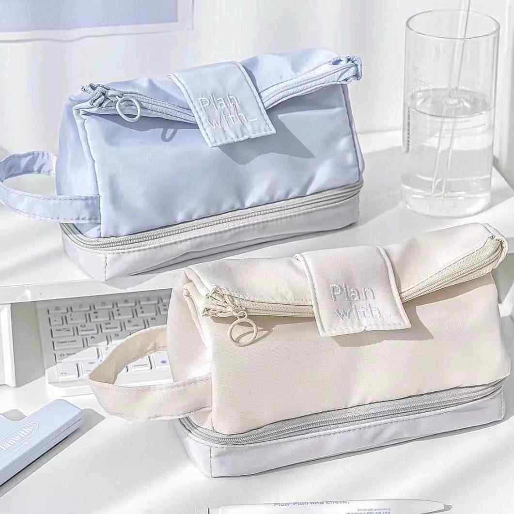 2025新款同款手提纯色简约帆布笔袋女生大容量文具盒高颜值风铅笔盒多功能双层铅笔袋学生文具袋