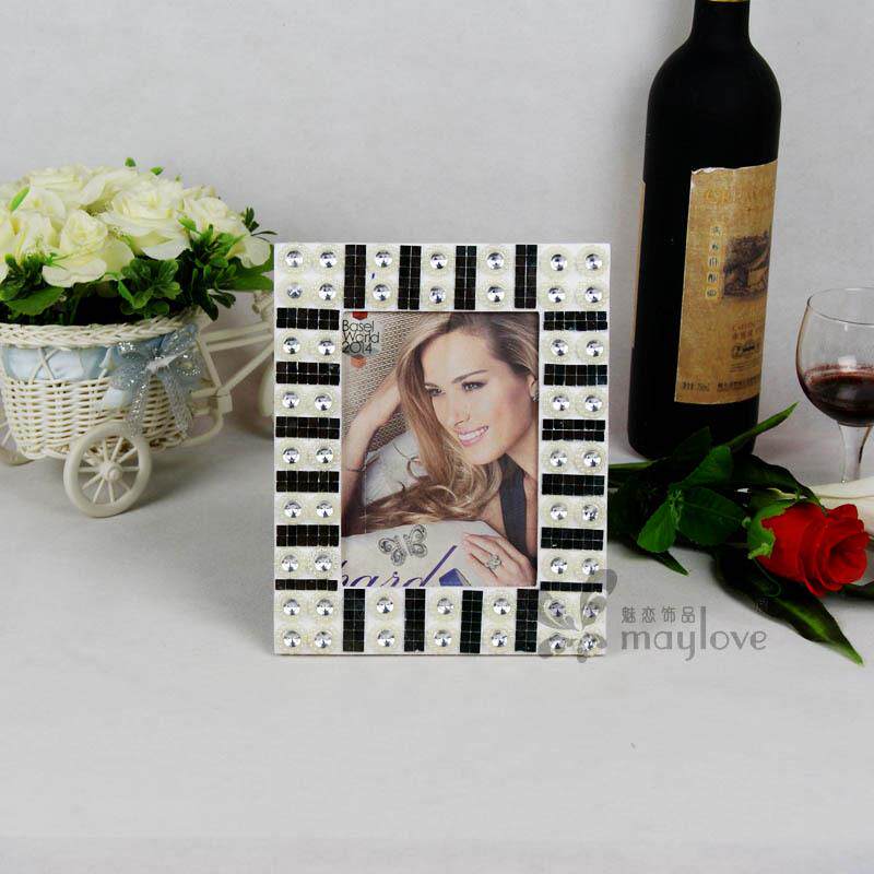 黑玻璃镜片珍珠镶钻方形相框 欧式实用相架别墅家居装饰摆台像框