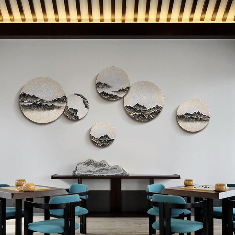 新中式装饰画手绘立体禅意山水客厅现代中式组合圆形沙发背景挂画