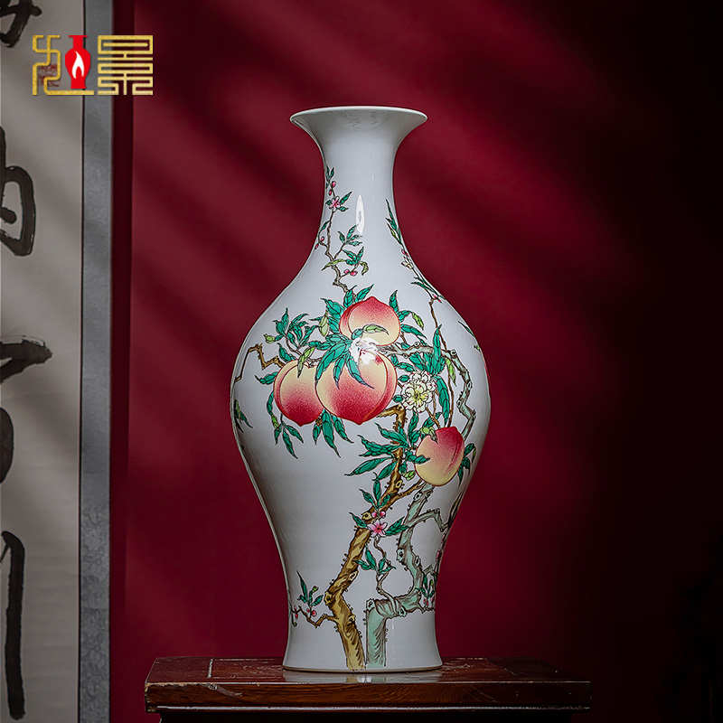 景德镇陶瓷花瓶粉彩仿古寿桃瓷瓶客厅摆件中式手绘瓷器博古架装饰