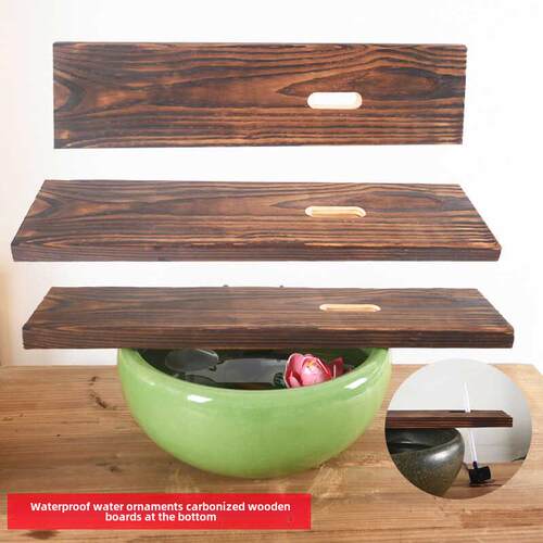 天然实木流水罐摆件配件古法养鱼生态鱼缸横杆碳化木板庭院造景