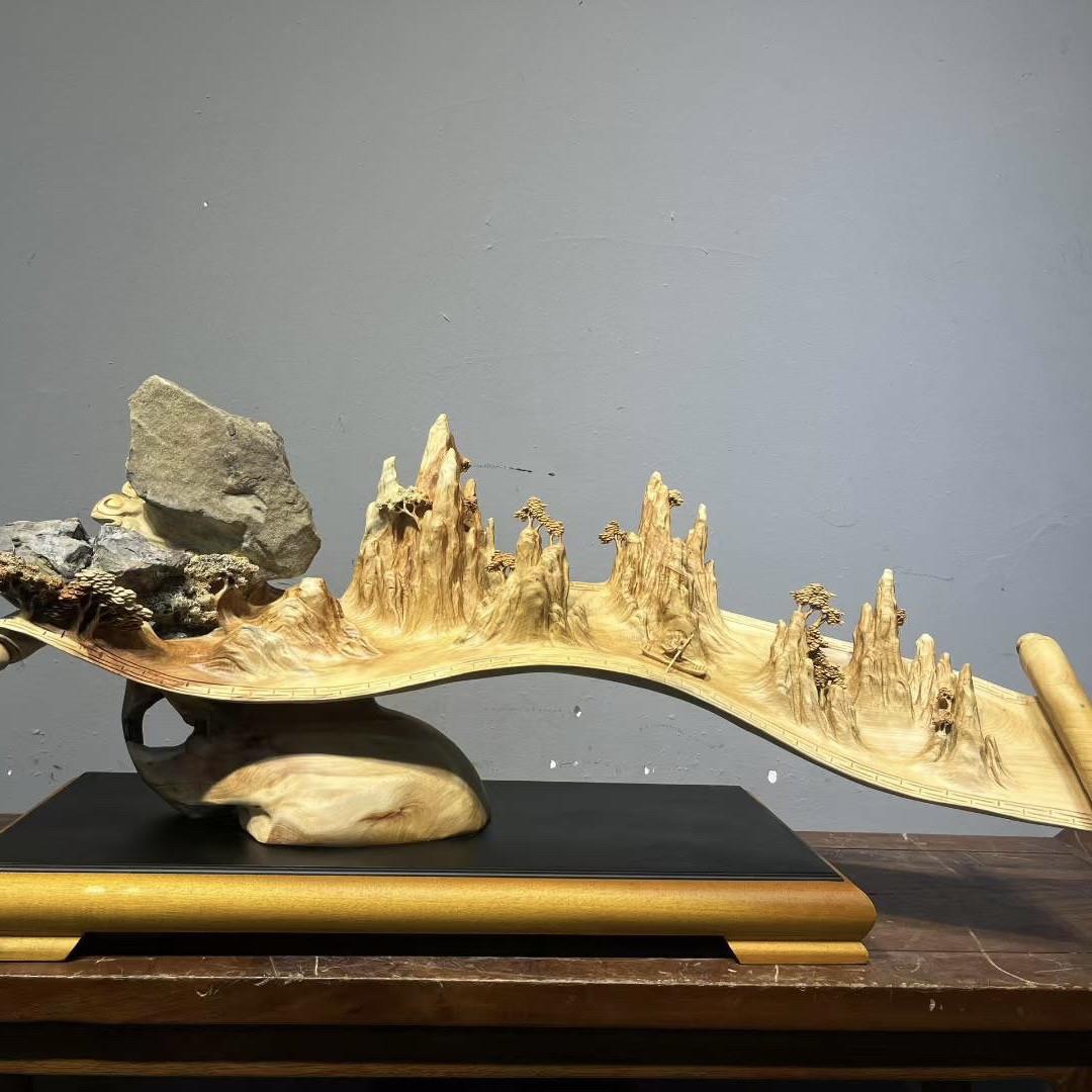根雕木雕摆件太行崖柏根抱石江山如画山水画送礼家居办公装饰摆饰