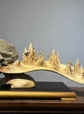 根雕木雕摆件太行崖柏根抱石江山如画山水画送礼家居办公装饰摆饰