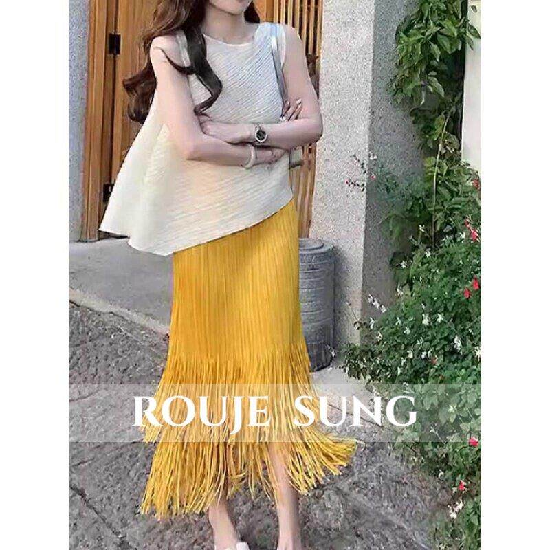 ROUJE SUNG~褶皱半身裙女夏季流苏设计感小众气质百搭宽松显瘦