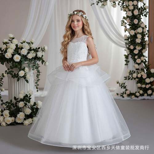 外贸热销长款礼服裙无袖中腰不规则网纱公主裙花童婚纱女孩走秀服