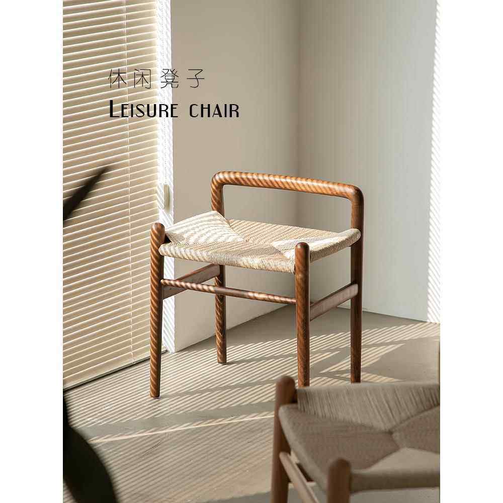 北欧简约实木梳妆凳藤编中古方凳设计师创意家用门口玄关换鞋凳子