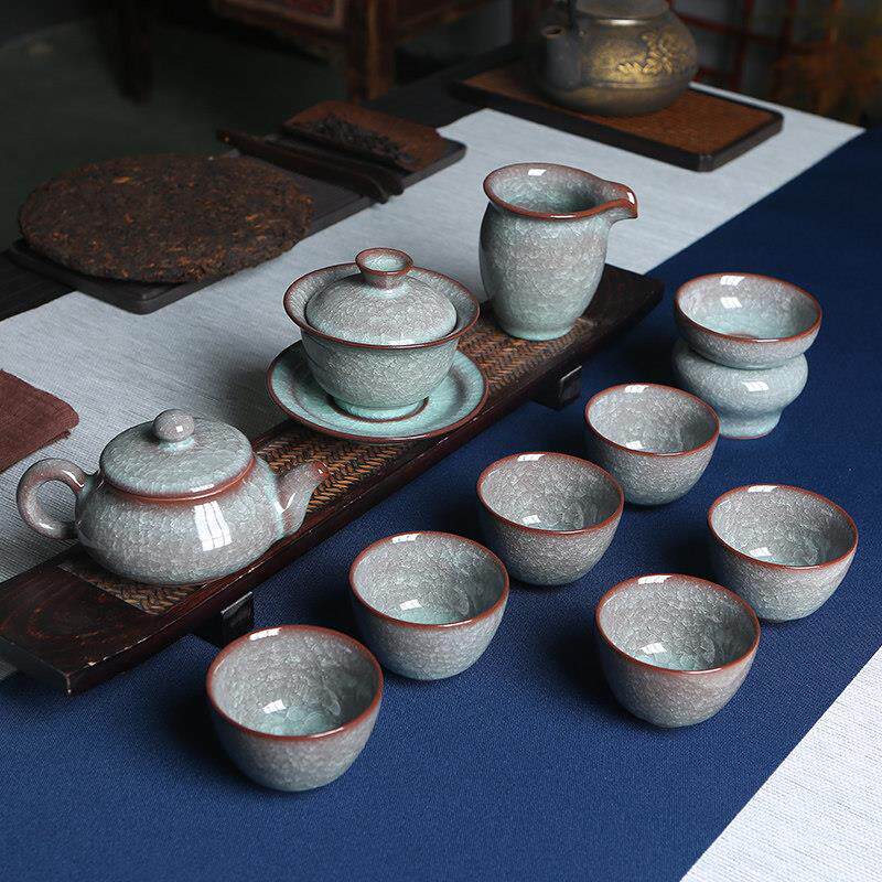 青瓷高档功夫茶具套装办公室家用哥窑冰裂纹手工盖碗茶壶茶杯整套