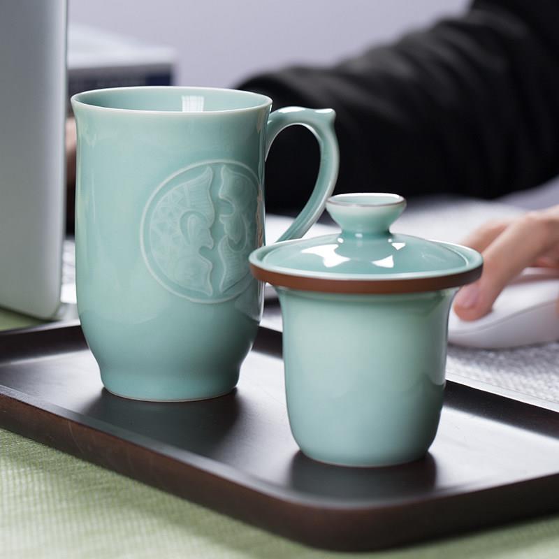 龙泉青瓷马克杯茶杯陶瓷办公杯子创意个性潮流同心带盖子大水杯家