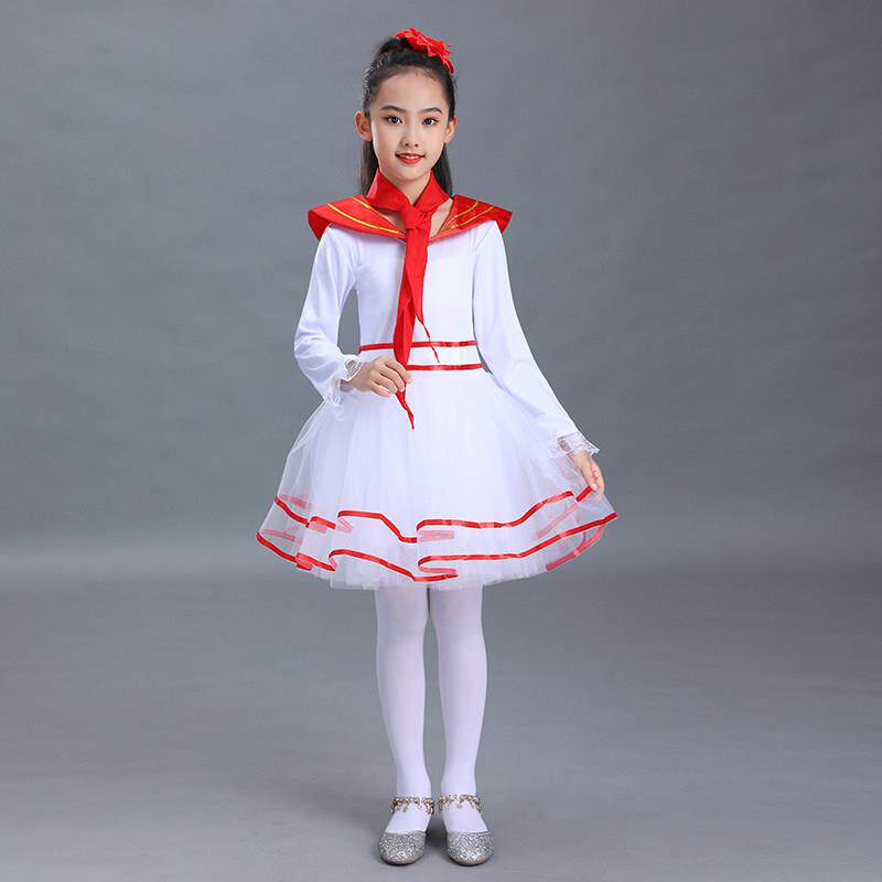 六一儿童节合唱服中小学生红领巾纱裙白色女童儿童少先队员演出服