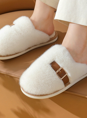 秋冬季居家用保暖防滑情侣高级感毛毛绒拖鞋男款简约纯色棉拖鞋女