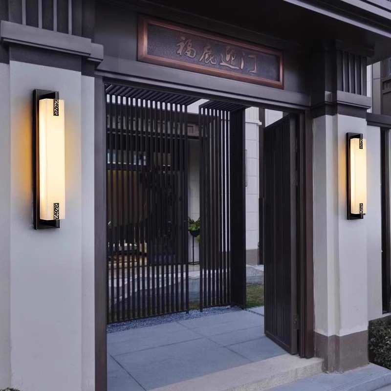 户外奢轻壁灯柱子别墅中式新客厅入户防水电视墙全背景大门云石铜