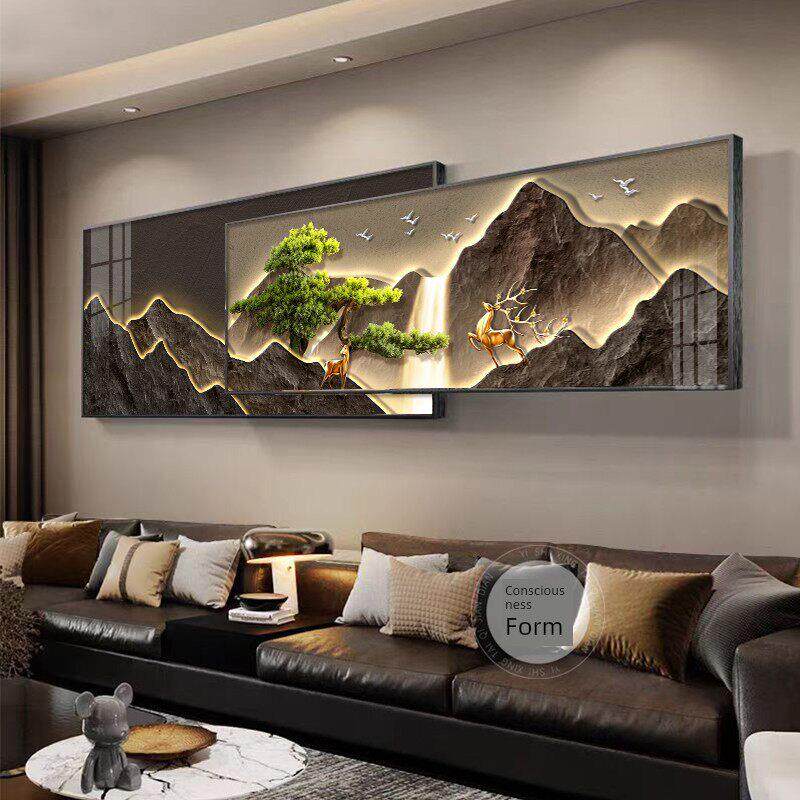 流水、财富、客厅装饰画、新中国风迎宾松木沙发背景墙挂画、亲民