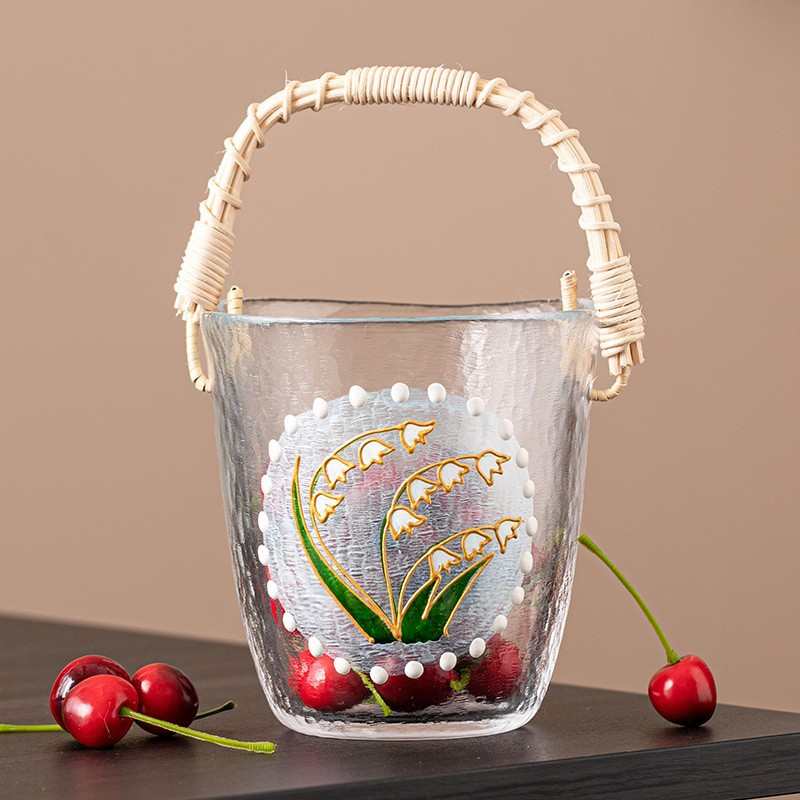 藤编提手水果篮家用轻奢高档日式茶几果盘网红高颜值玻璃冰酒冰桶