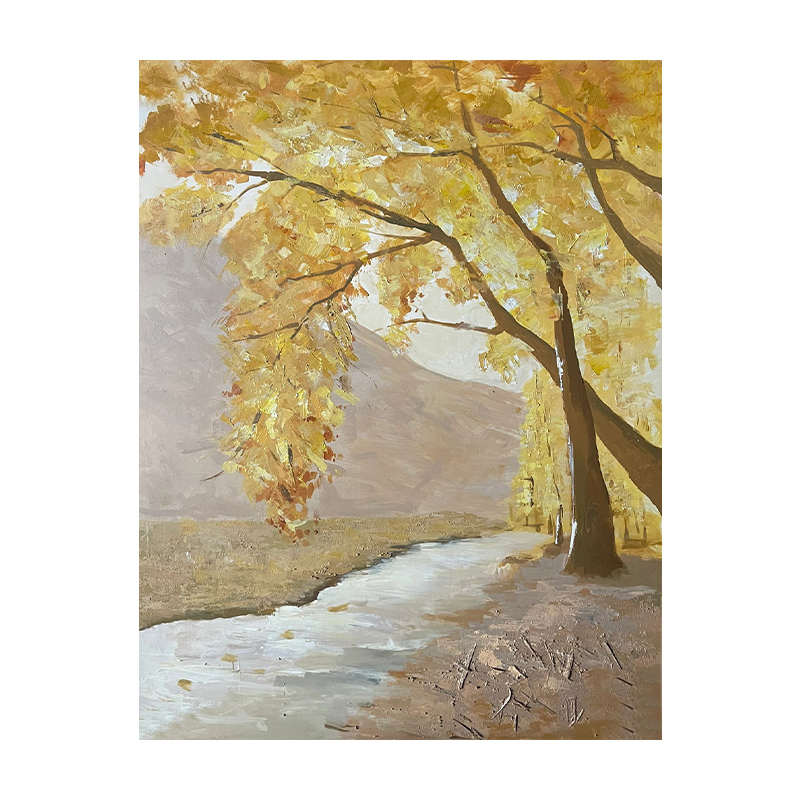 树叶手绘发财画客厅挂画古风油树玄关金黄色肌理纯画中装饰画风景图片