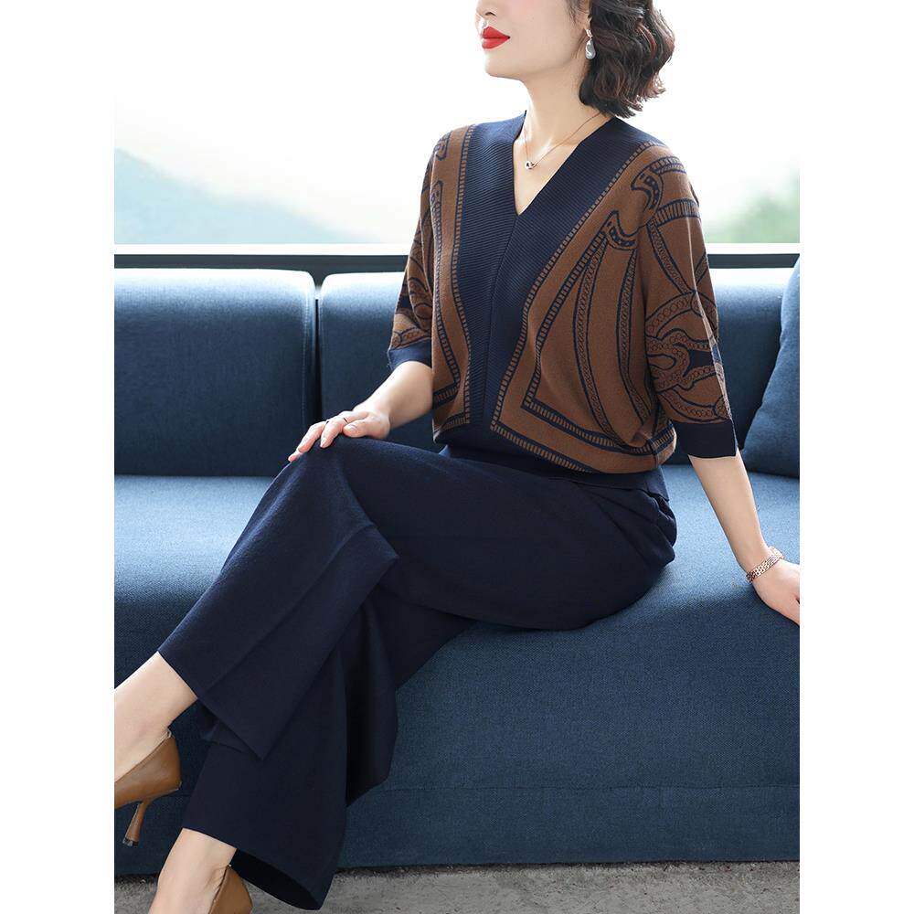 2025春夏女装休闲时尚套装新款针织冰丝阔腿裤中老年母亲用两件套