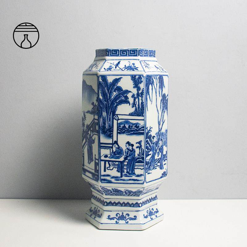 青花人物六方形灯笼瓶景德镇陶瓷器桌面摆件中式覆古客厅玄关软装