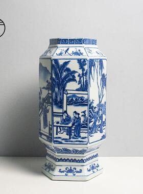 青花人物六方形灯笼瓶景德镇陶瓷器桌面摆件中式覆古客厅玄关软装