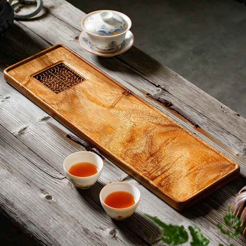 实现木长方铜片茶盘形竹制海茶盘小茶台家用代简约茶储水排水型干