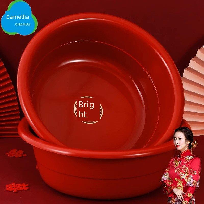 采购产品茶花婚礼盆，新娘的嫁妆，红色塑料脸盆，一对婚礼用品，