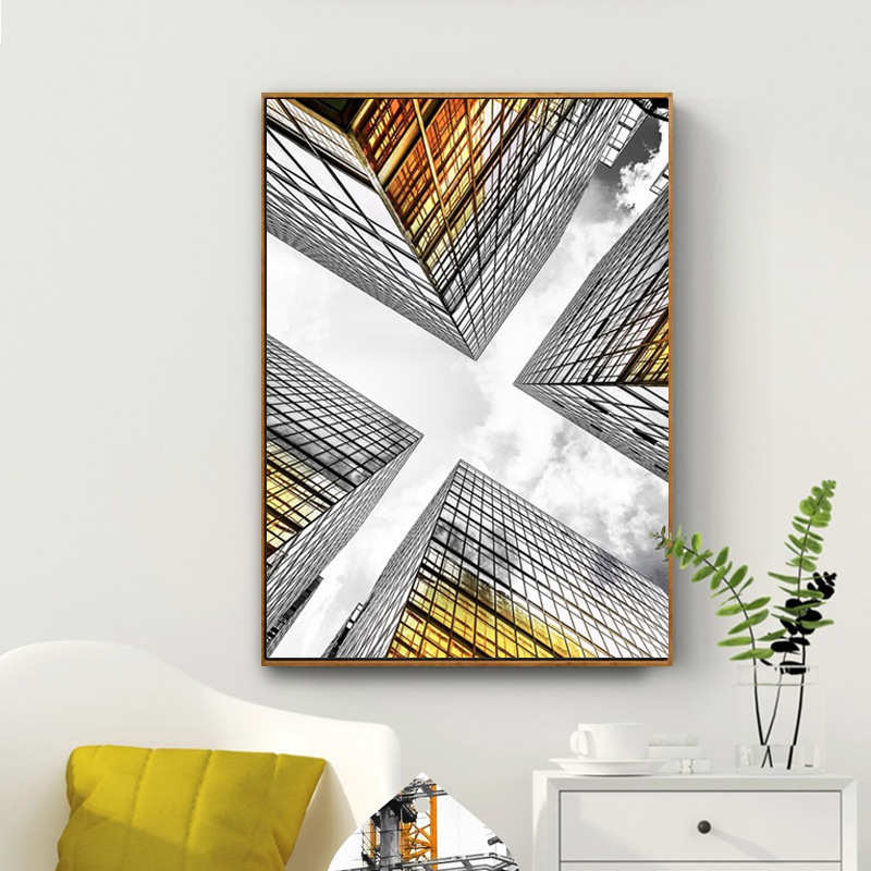 简约黑白建筑装饰画个性金色工业风客厅沙发背景墙画酒店宾馆挂画图片