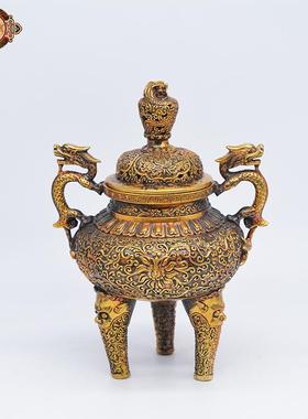 宏达 黄铜仿古缠枝莲双龙耳三腿炉 家居办公室玄关香炉摆件