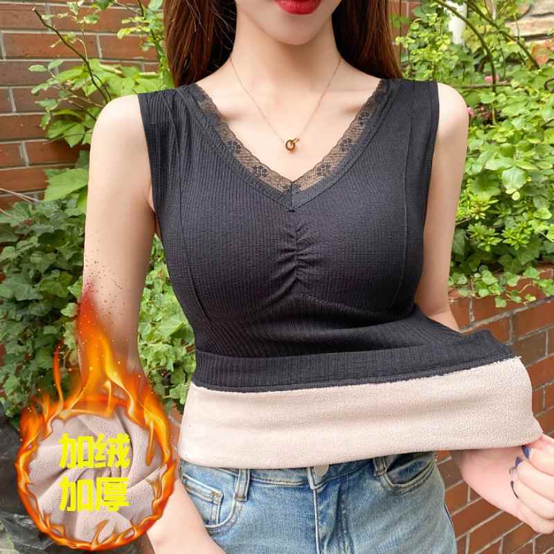 秋冬保暖上衣女加绒加厚吊带背心女蕾丝带胸垫内搭修身上衣1203z