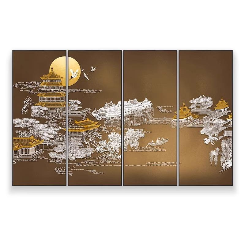 新中式酒店餐厅高档四联画客厅立体浮雕挂画招待室会所楼阁装饰画