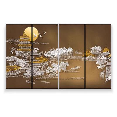 新中式酒店餐厅高档四联画客厅立体浮雕挂画招待室会所楼阁装饰画