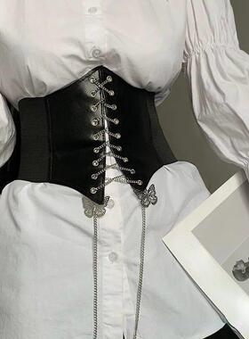 Women Sexy Corset Wide Cummerbunds PU Leather Butterfly Chai