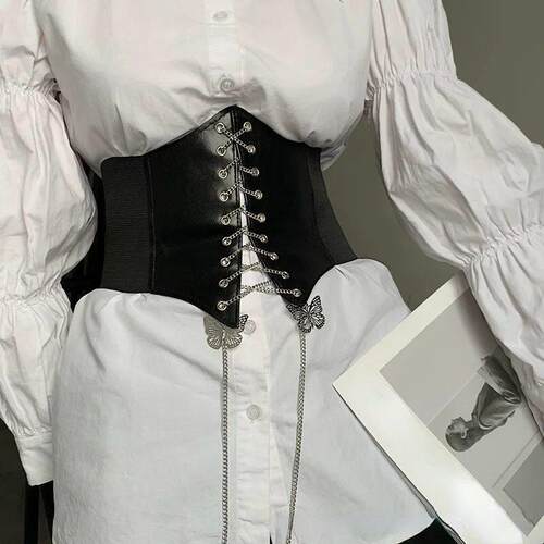 Women Sexy Corset Wide Cummerbunds PU Leather Butterfly Chai