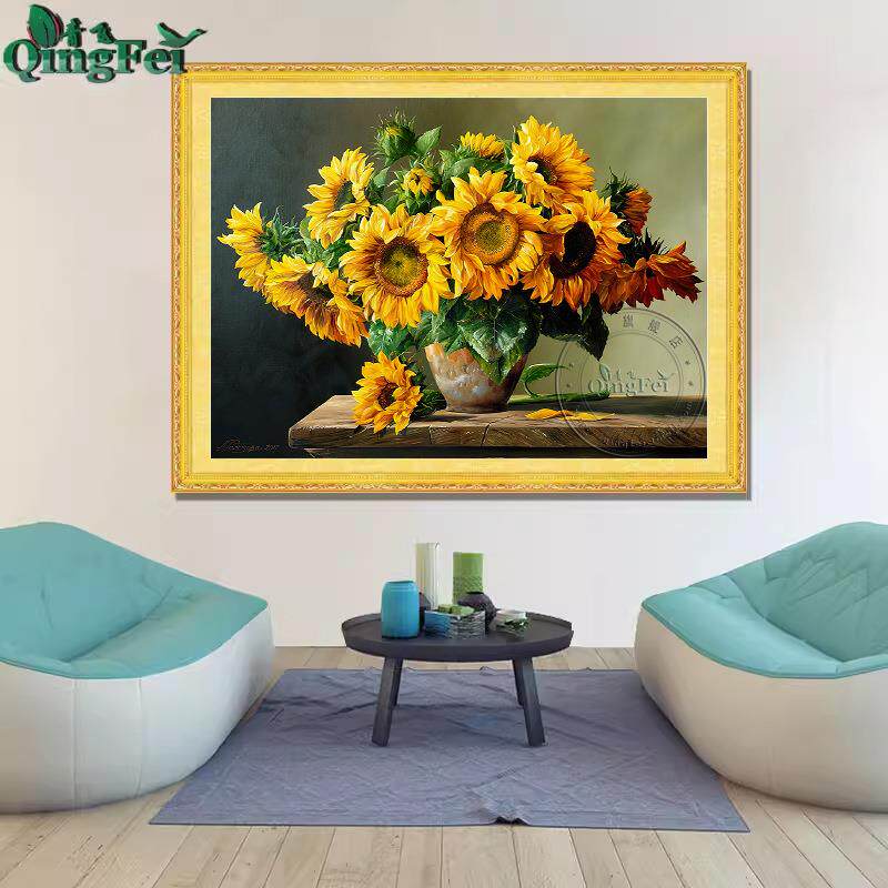 青飞精准印布古典向日葵十字绣植物植物风景书房走廊手工刺绣