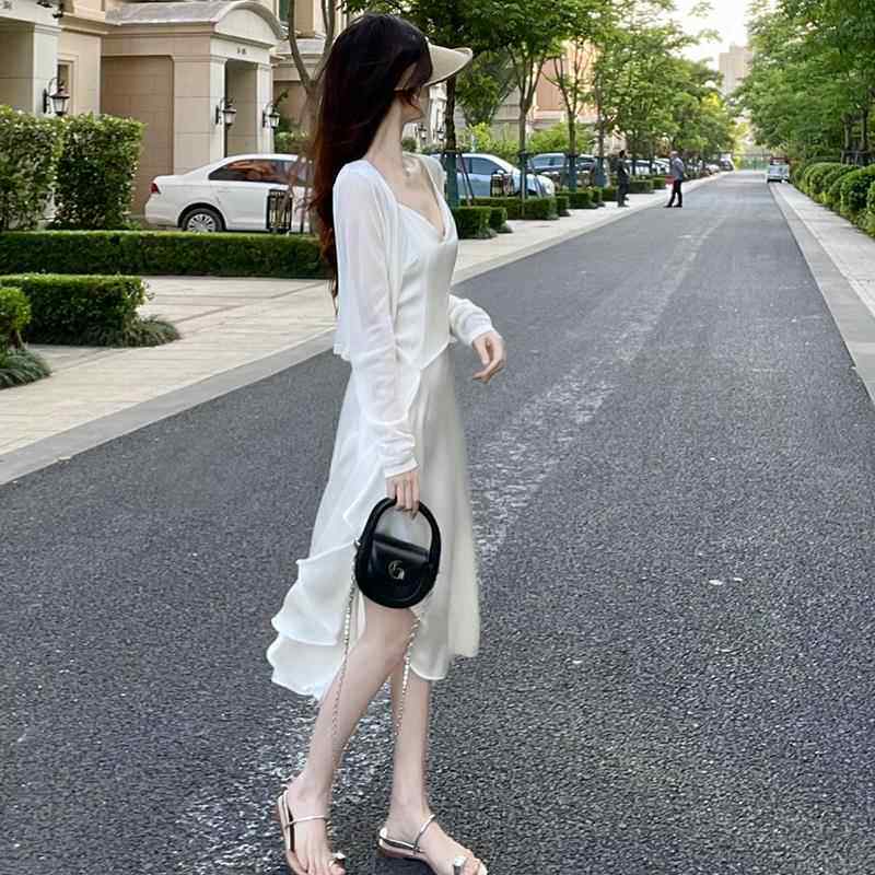 欧洲站夏季2025新款仙女长裙高级感气质白色开衫吊带连衣裙女套装