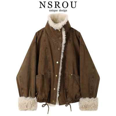 覆古美拉德羊羔毛棉服外套女士冬季加厚立领短款加绒机车飞行夹克