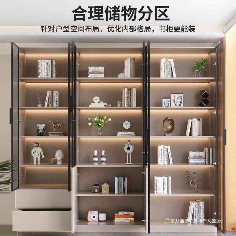 书柜一体到顶新中式书柜轻奢高档酒柜带玻璃门展示柜整墙书架