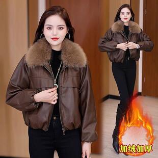 香港代购时尚减龄显瘦加绒外套女冬季新款短款带毛领PU皮夹克上衣
