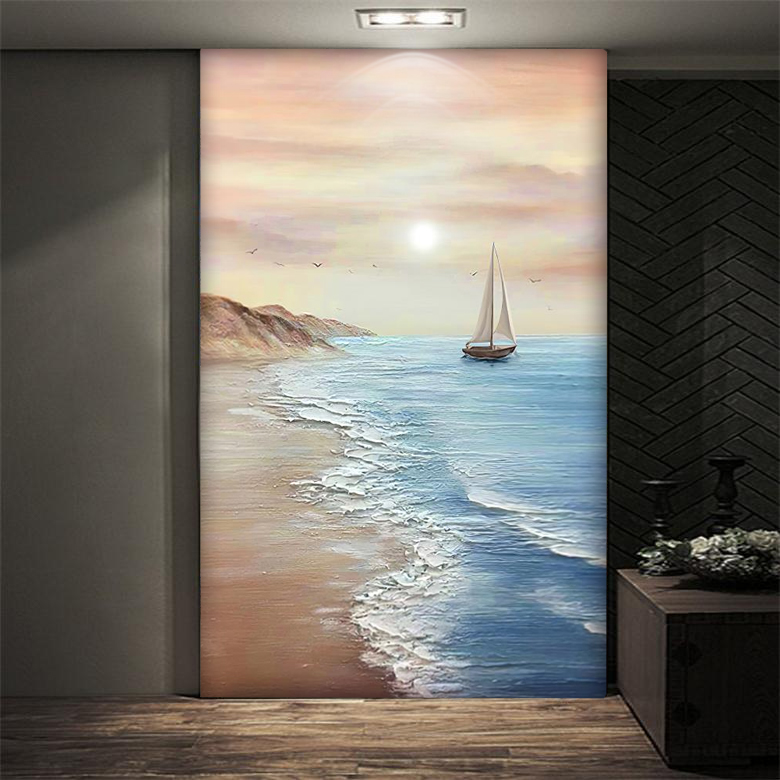 侘寂风客厅落地画一帆风顺墙纸3d沙发背景墙装饰画高级感玄关壁纸