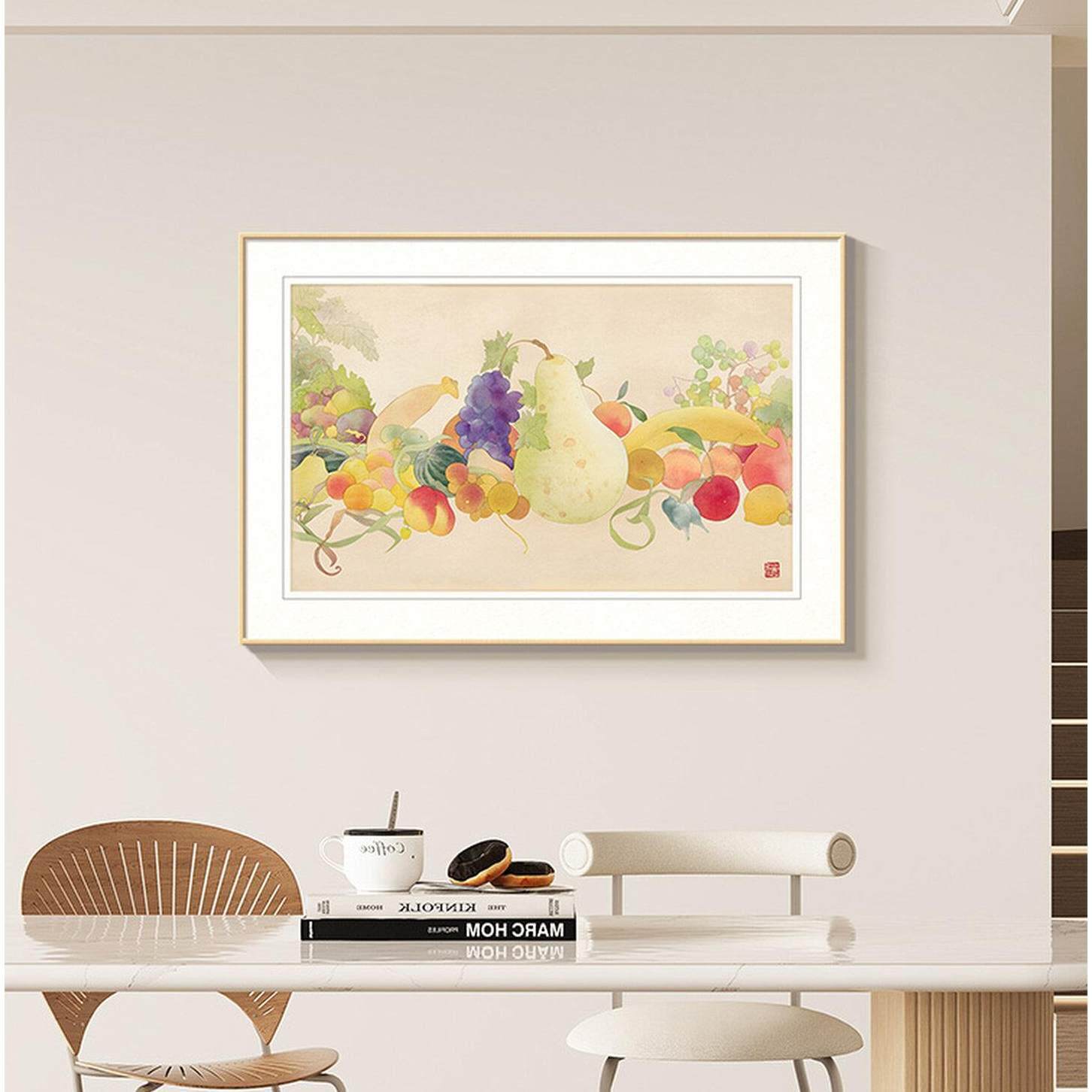 水果餐厅装饰画原木风瓜果蔬菜客厅背景墙挂画丰收图现代简约壁画