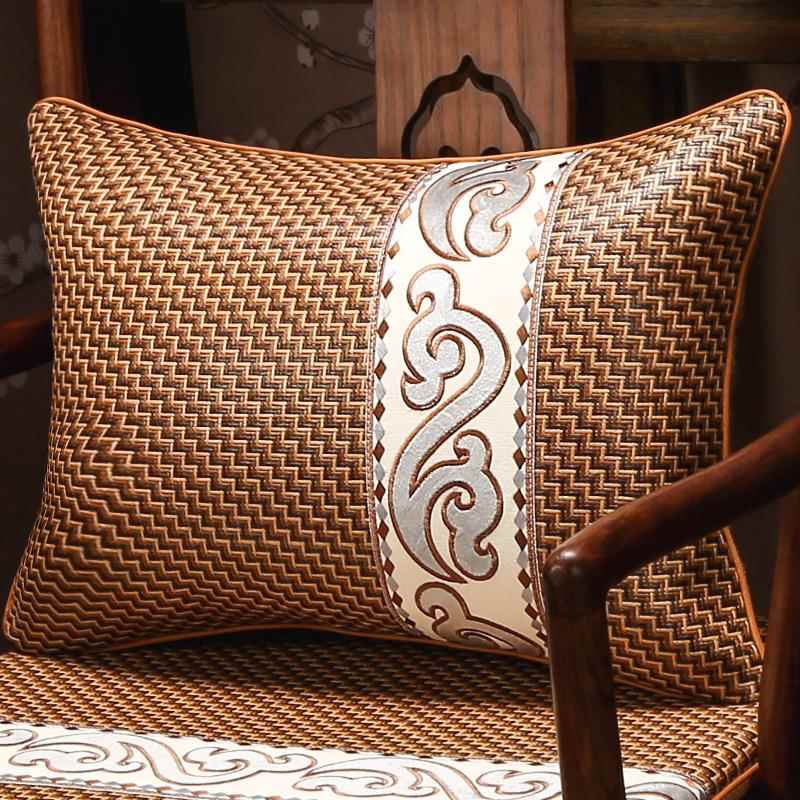 A6L夏季款中式腰枕靠垫沙发客厅藤席靠枕腰枕长方形靠背垫套含芯