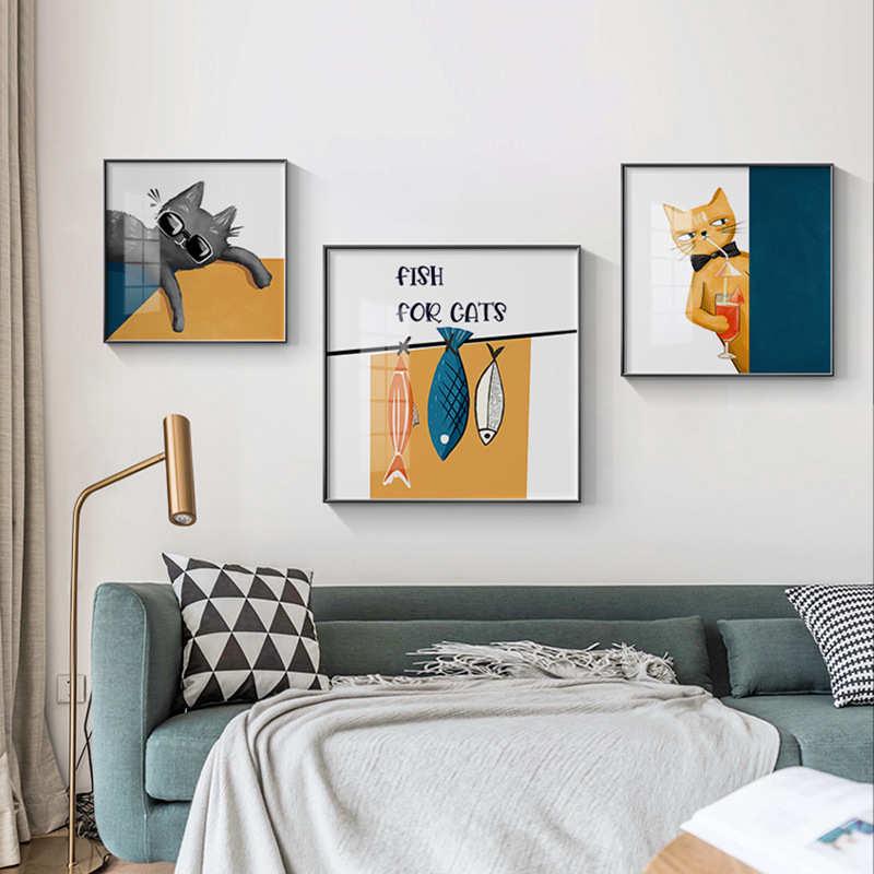 猫和鱼北欧餐厅装饰画现代简约创意趣味厨房壁画卧室房间组合挂画图片
