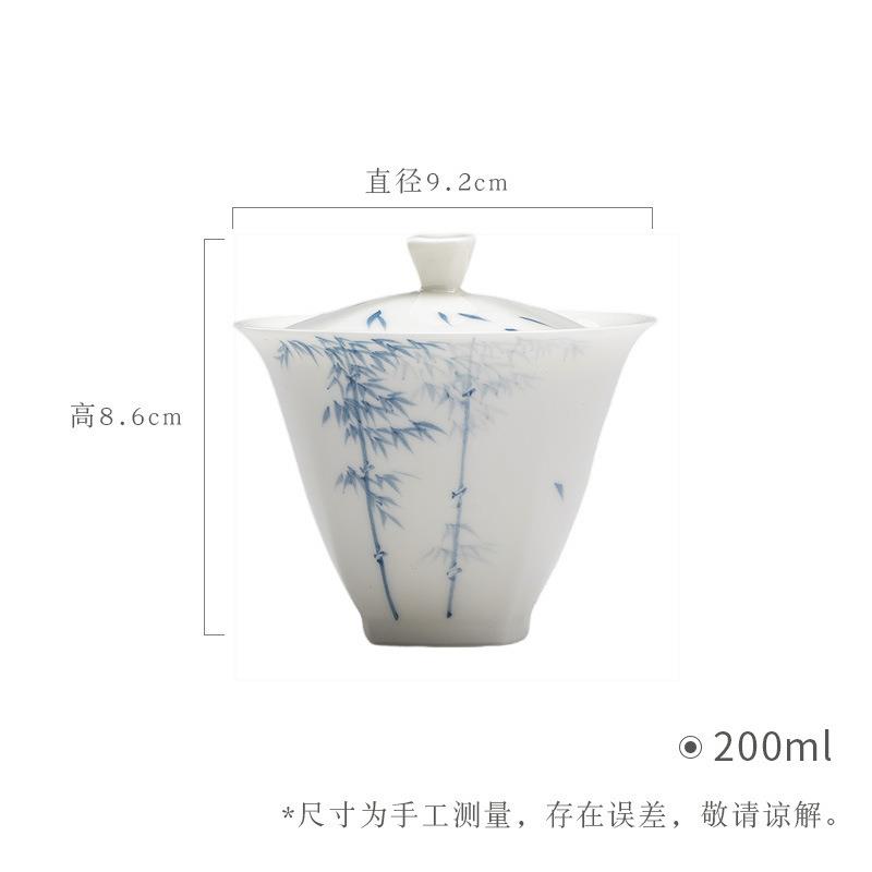 墨己玉泥白瓷手绘青花竹子盖碗釉下彩文人泡茶盖碗素雅主泡碗