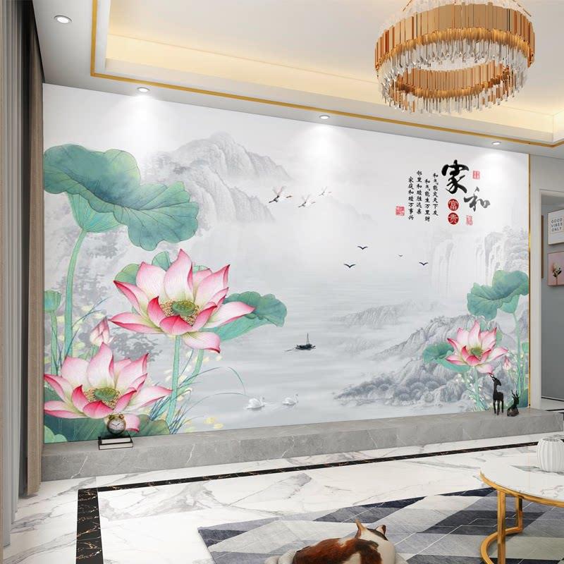 自粘HW墙贴荷纸中式墙意境花除秽壁画客厅沙发电视背景壁纸床头新