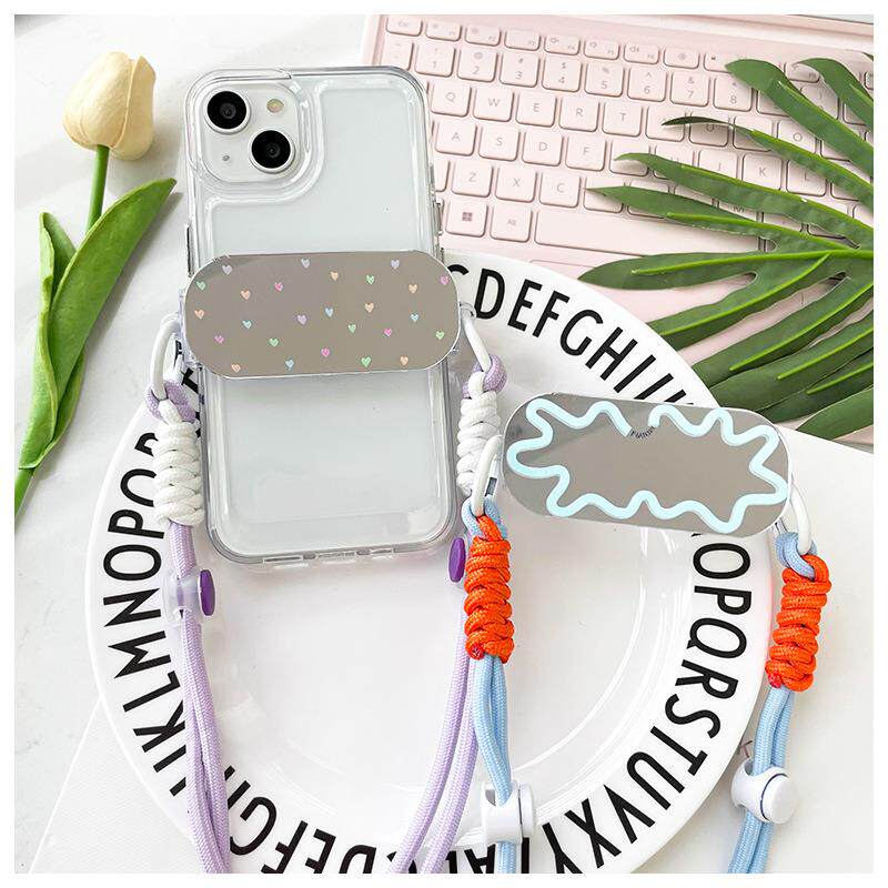 镜面小爱心手机背夹斜挎挂绳可拆卸调节蓝色小镜子个性防丢通用款